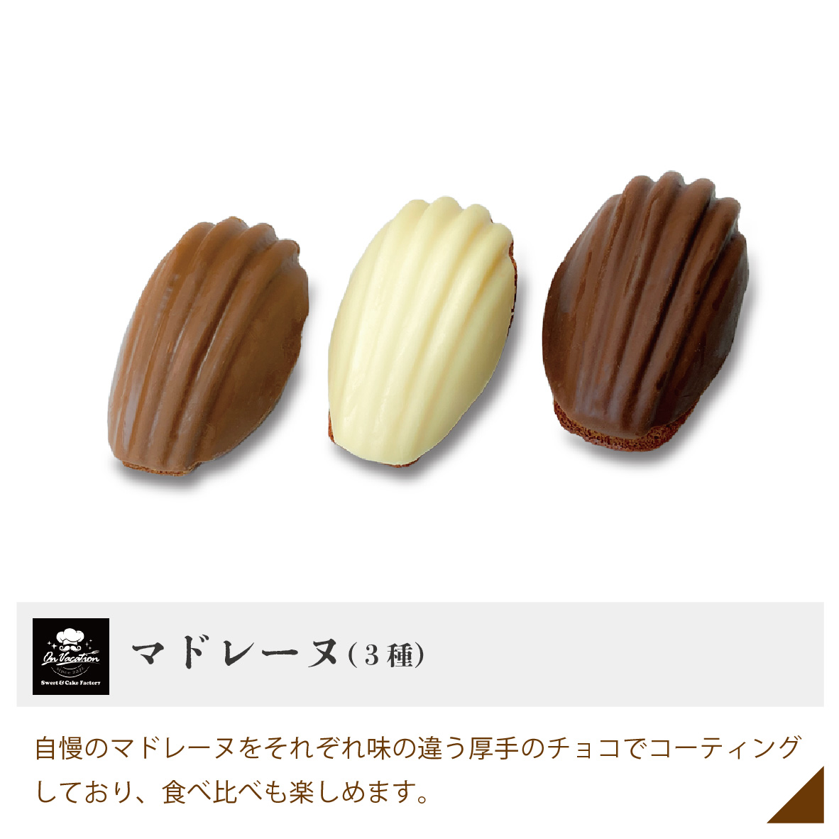 マドレーヌ（３種） 自慢のマドレーヌをそれぞれ味の違う厚手のチョコでコーティングしており、食べ比べも楽しめます。